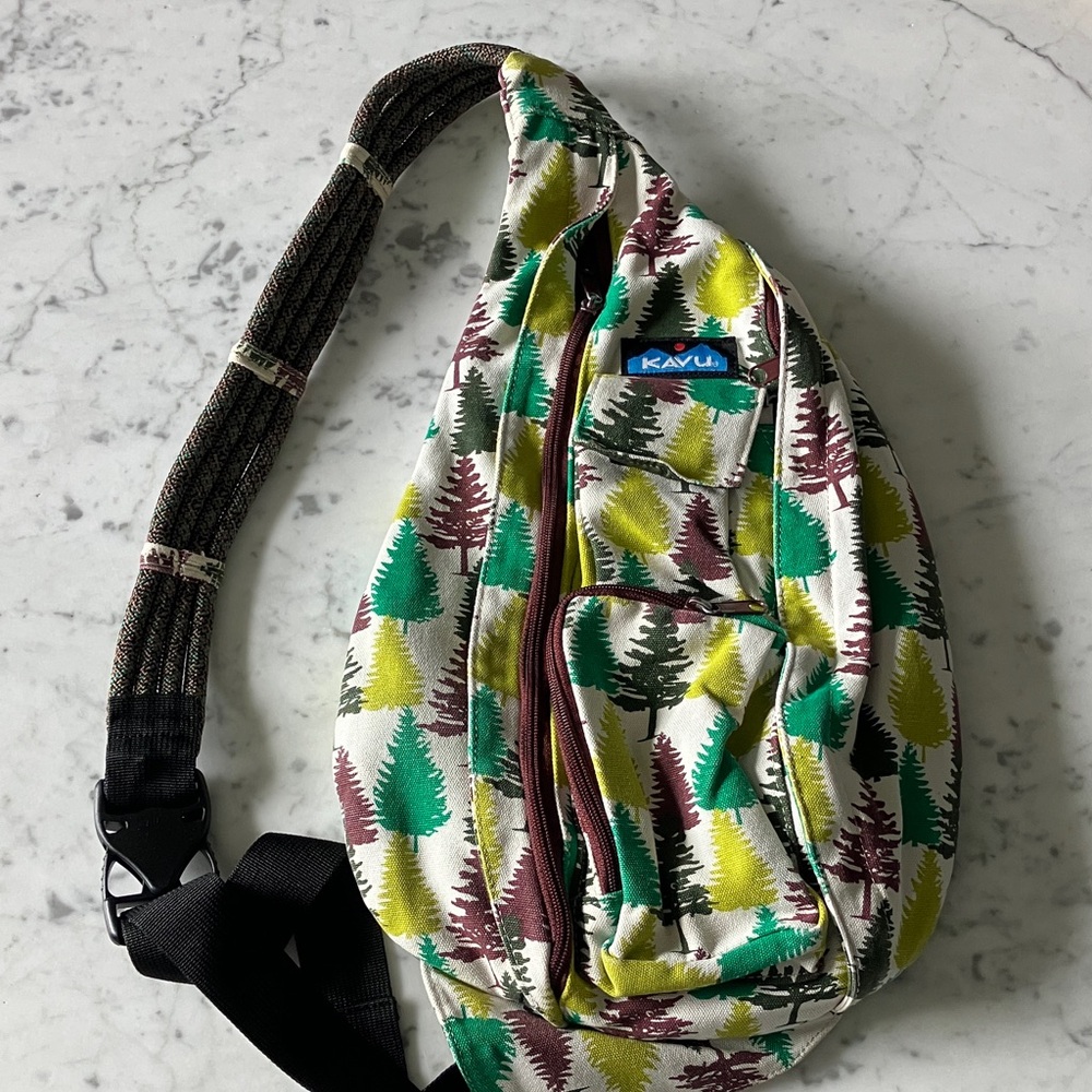 Kavu Tree-Print Sling Bag in Green, Yellow & Brown